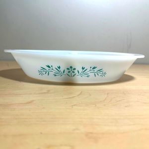 Vintage Glasbake Oval White Glass Baking Dish Serving Bowl Teal Daisy Flowers